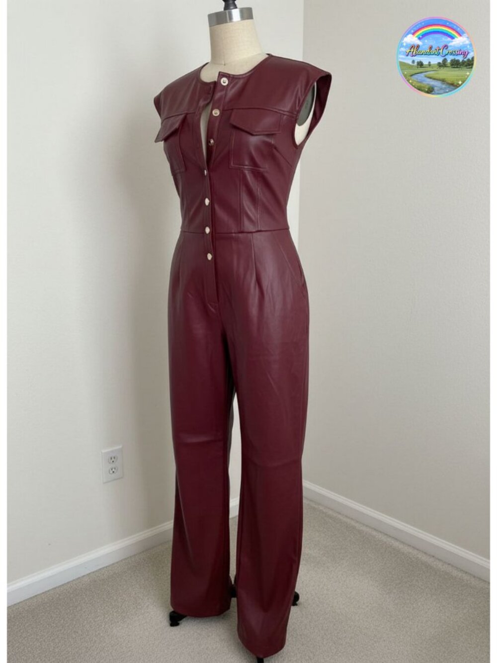 Faux Leather Sleeveless Button Top Bodycon Jumpsuit Cargo Pants Party Clubwear